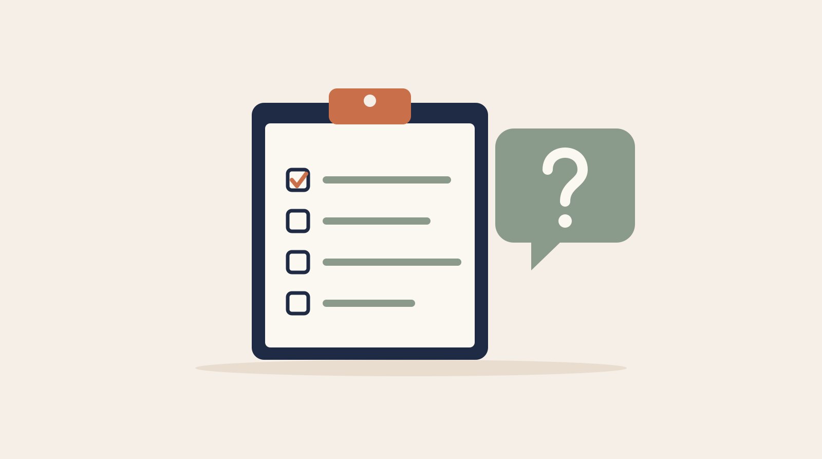 Illustration of a clipboard checklist next to a speech bubble with a question mark