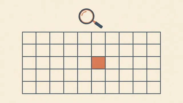 Illustration of a spreadsheet grid with one highlighted warning cell and a magnifying glass