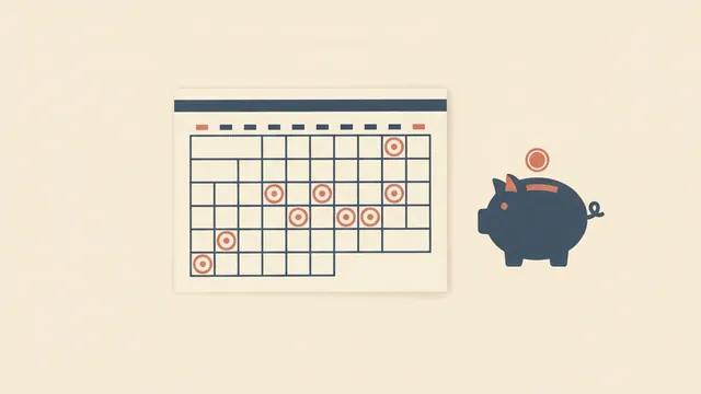 Illustration of a yearly calendar with a few marked dates and a small piggy bank
