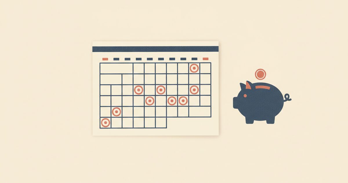 Illustration of a yearly calendar with a few marked dates and a small piggy bank