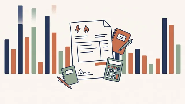 Illustration of a utility bill with an uneven bar chart of monthly amounts, next to a calculator and notebooks