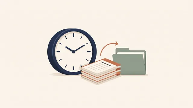 Illustration of a navy clock next to a stack of export pages and a sage folder, representing saving a backup of your tracked fasting sessions