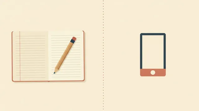 Illustration contrasting a paper ledger notebook and pencil with a stylized phone icon