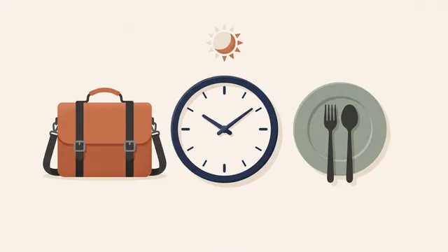 Illustration of a briefcase, a wall clock, and a plate with a fork and spoon, representing fitting an eating window around a workday