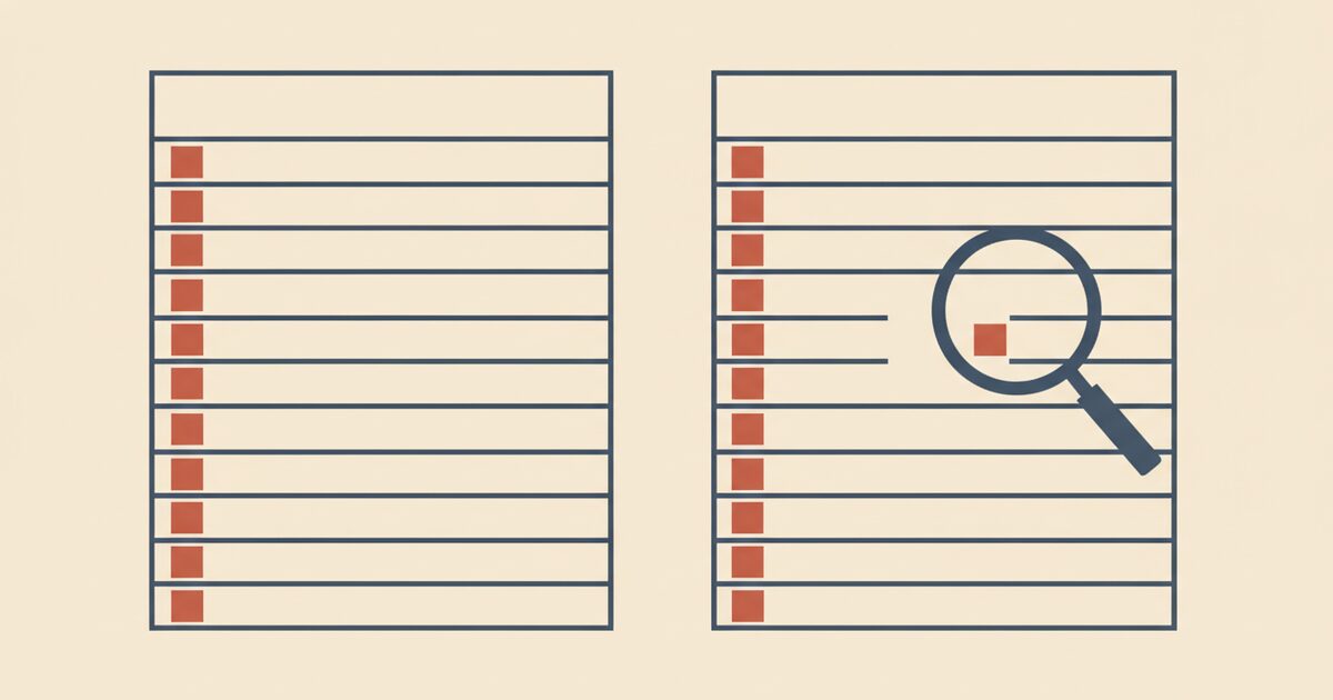 Illustration of two simple balance ledgers side by side with a magnifying glass finding a gap between them