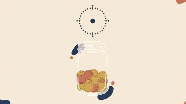 Illustration of a glass jar filling with coins beneath a dotted target marker