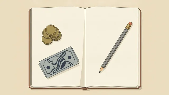 Illustration of an open notebook with a pencil, coins, and a bill representing manual bill tracking
