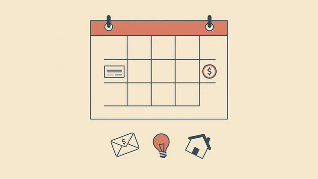 Illustration of a calendar with two paycheck icons landing on different weeks alongside bill icons