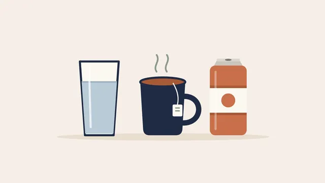 Illustration of a glass of water, a mug of tea and a can of pop side by side