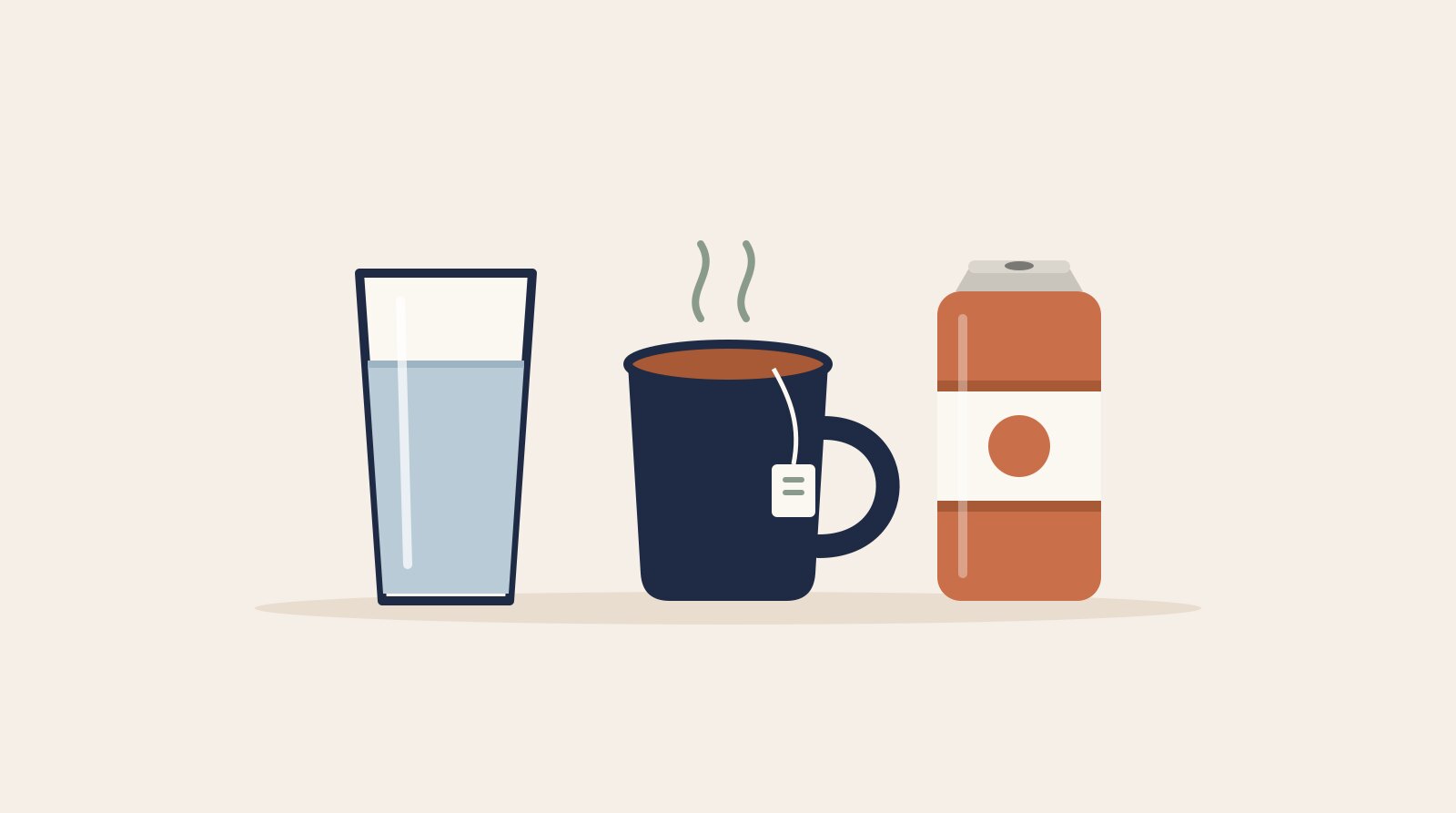 Illustration of a glass of water, a mug of tea and a can of pop side by side