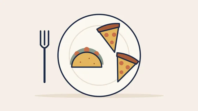 Illustration of a dinner plate holding one taco and two slices of pizza