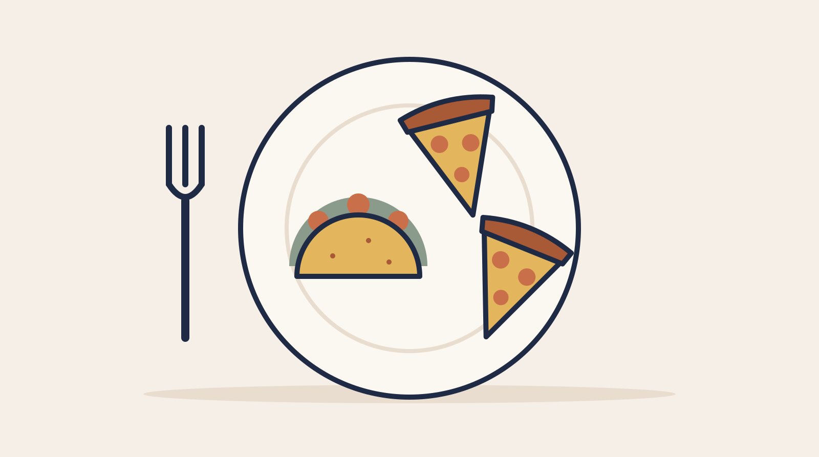 Illustration of a dinner plate holding one taco and two slices of pizza