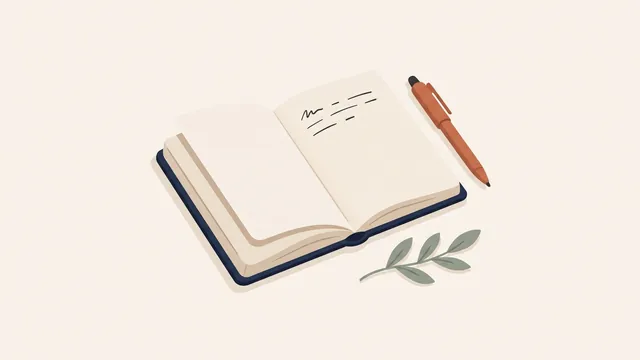 Illustration of an open notebook with a pen and a small sprig of leaves, representing a fasting journal